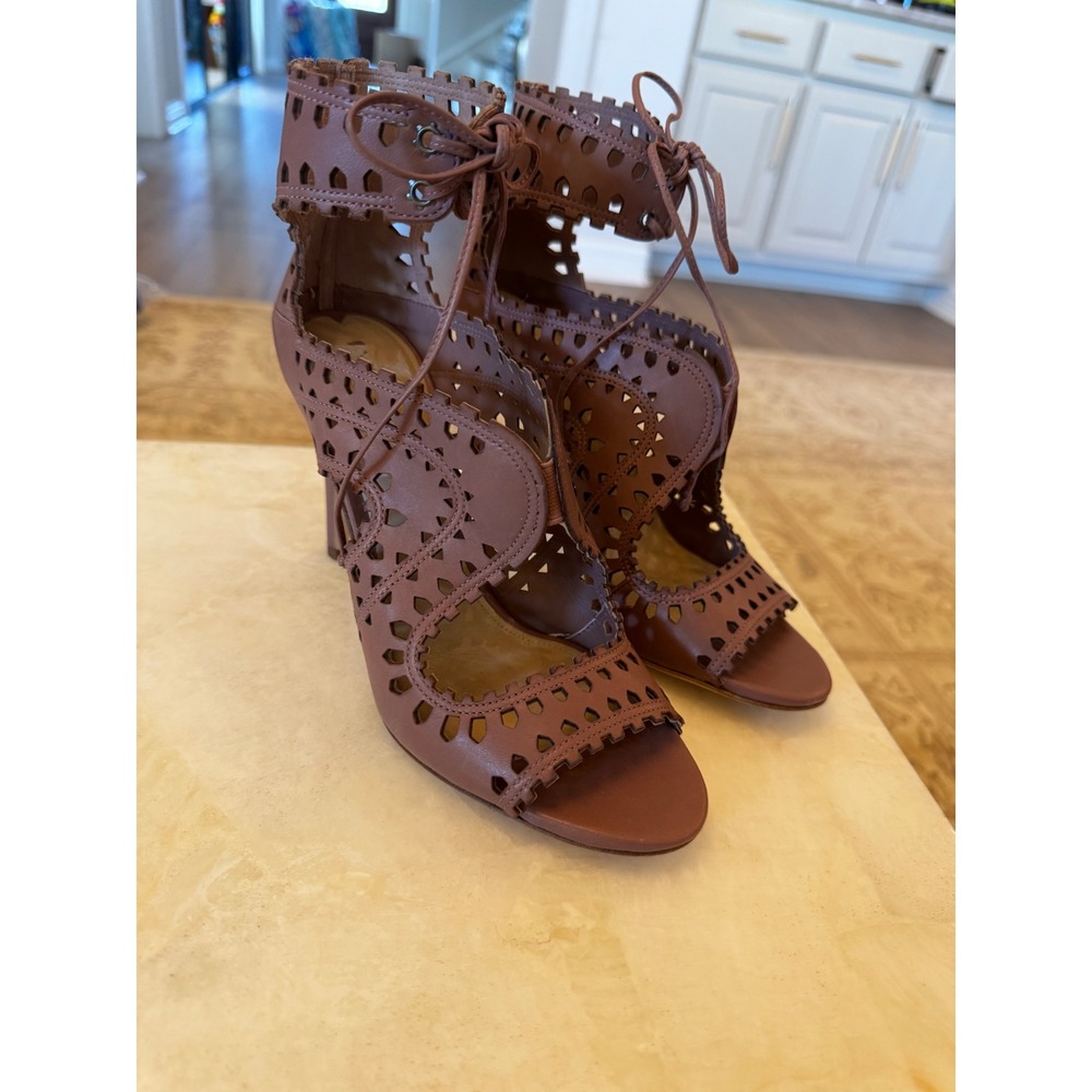 Via Spiga Womens 7.5 M Laser Cut Leather Lace Up Ankle Wrap Stiletto Heels Brown
